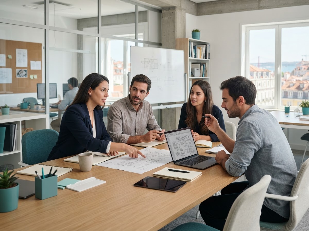 Prumo Valimento — equipa técnica a analisar modelos de risco e dados de mercado